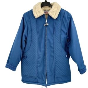 Vintage Weather Tamer Sherpa Lined Coat XL Blue Quilted Zip Up Fur Collar Jacket